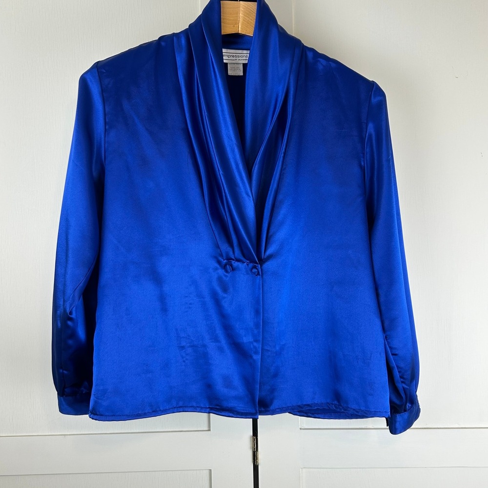Vintage Blouse Women 14 Royal Blue Satin Shawl Collar Wrap 80s 90s Feminine